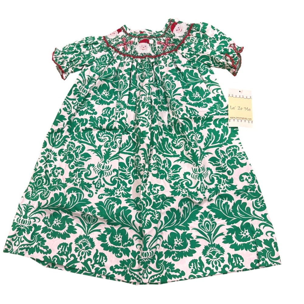 NWT Le' Za Me Christmas Smock Dress Green Damask Santa Cotton Size 24 Months‎
